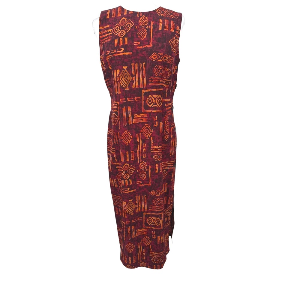 Vintage R&K Maxi Dress 8 Red Orange Geometric Sleeveless Boho Resort Eclectic